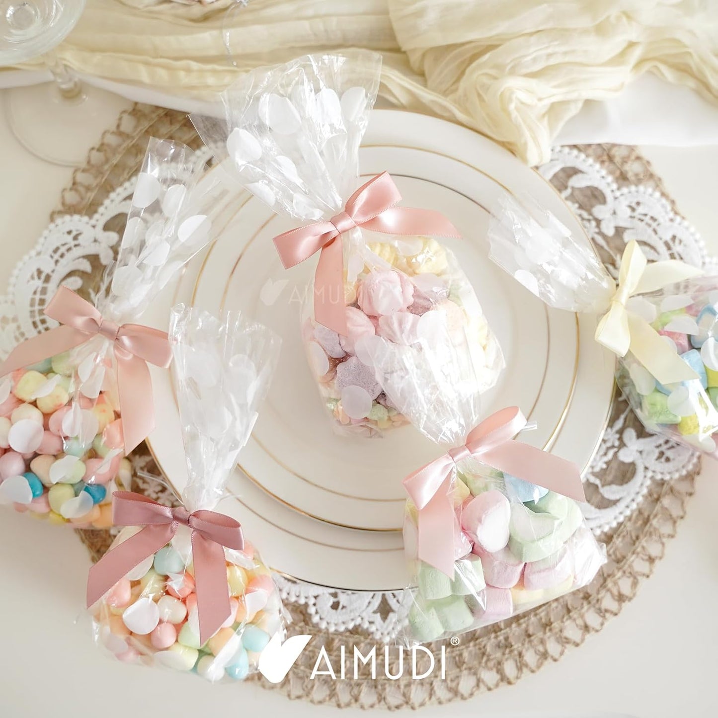 AIMUDI 5 Colors Dusty Rose Bows 2.5" Pink Satin Twist Tie Bows for Gift Wrapping Premade Satin Bows for Making Crafts Treat Bag Baby Shower Birthday Party Wedding Decoration, 50 PCs