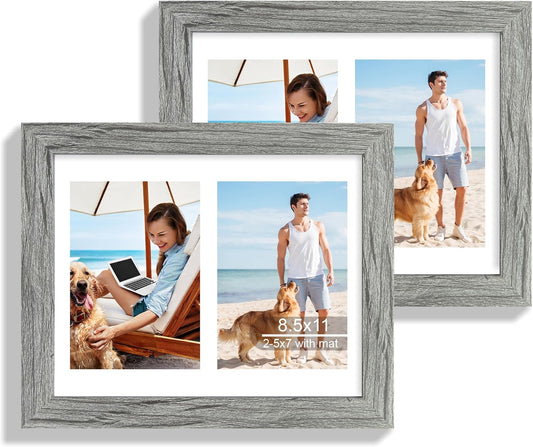 8.5x11 Picture Frame Set of 2, Gray Certificate Document Frames with Glass Collage Frame, Display Pictures Two 5x7 With Mat or 8.5 x 11 Without Mat - Horizontal or Vertical Wall Mounting