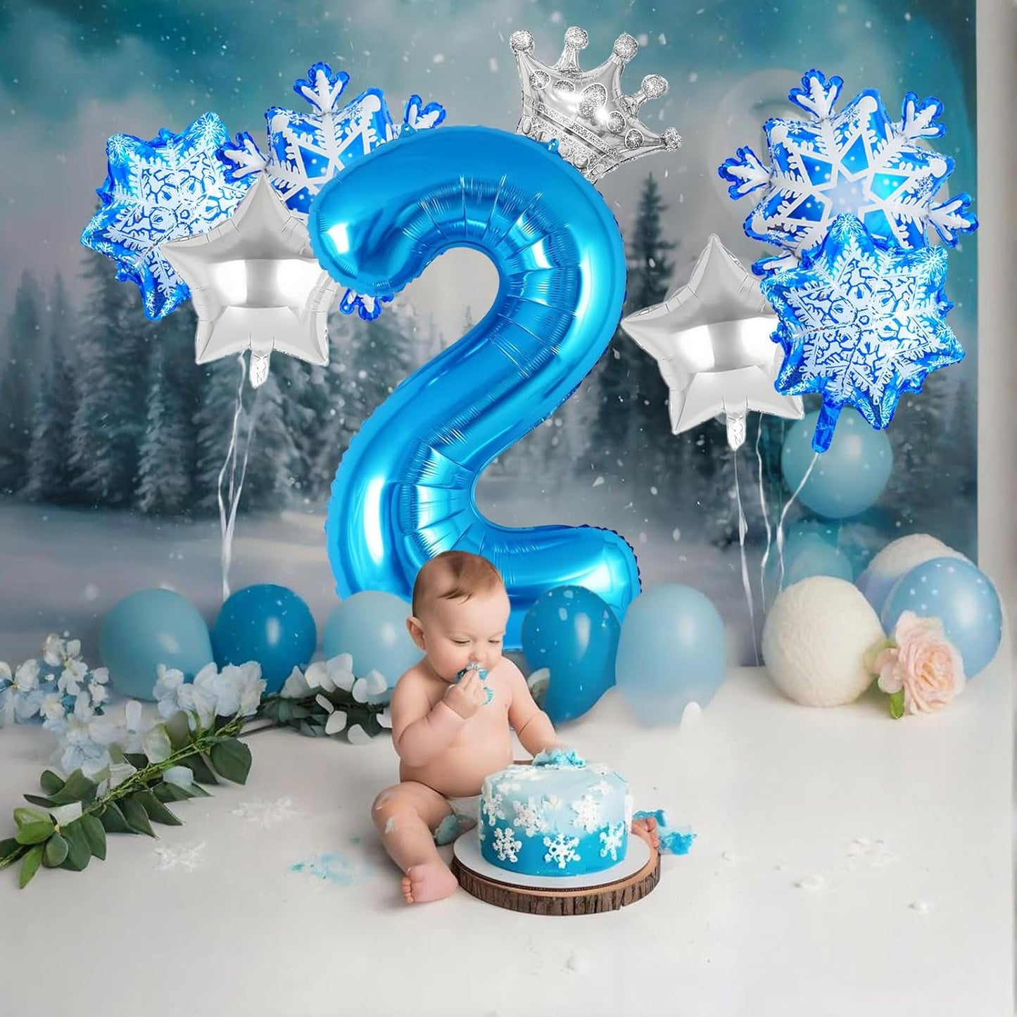 8Pcs Winter Wonderland Decorations - 40inch Blue Number 2 Balloons - Snowflake Mylar Balloons for Winter Wonderland Party Decorations - Birthday Decoration