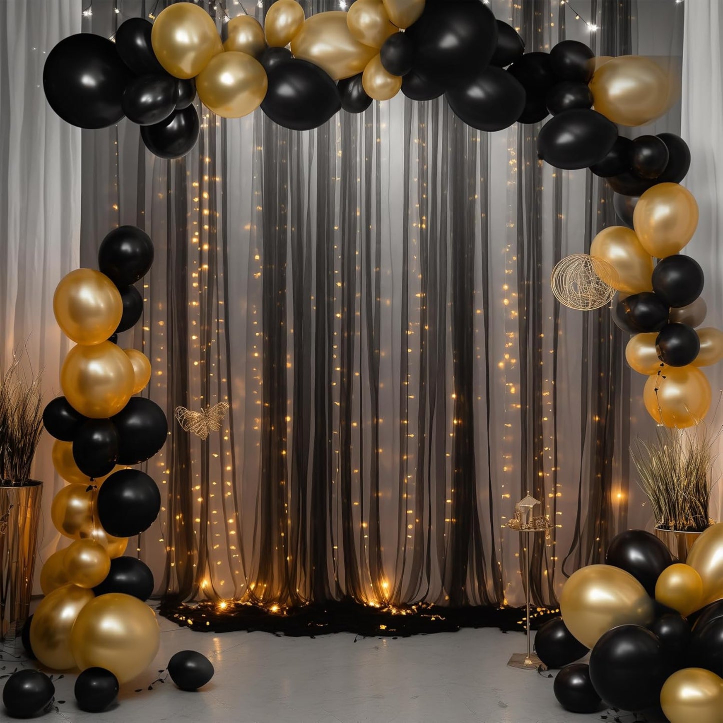 10x10ft Sheer Black Backdrop Curtains for Parties, Tulle Wedding Arch Draping Fabric Photo Background for Birthday Party Halloween Decorations