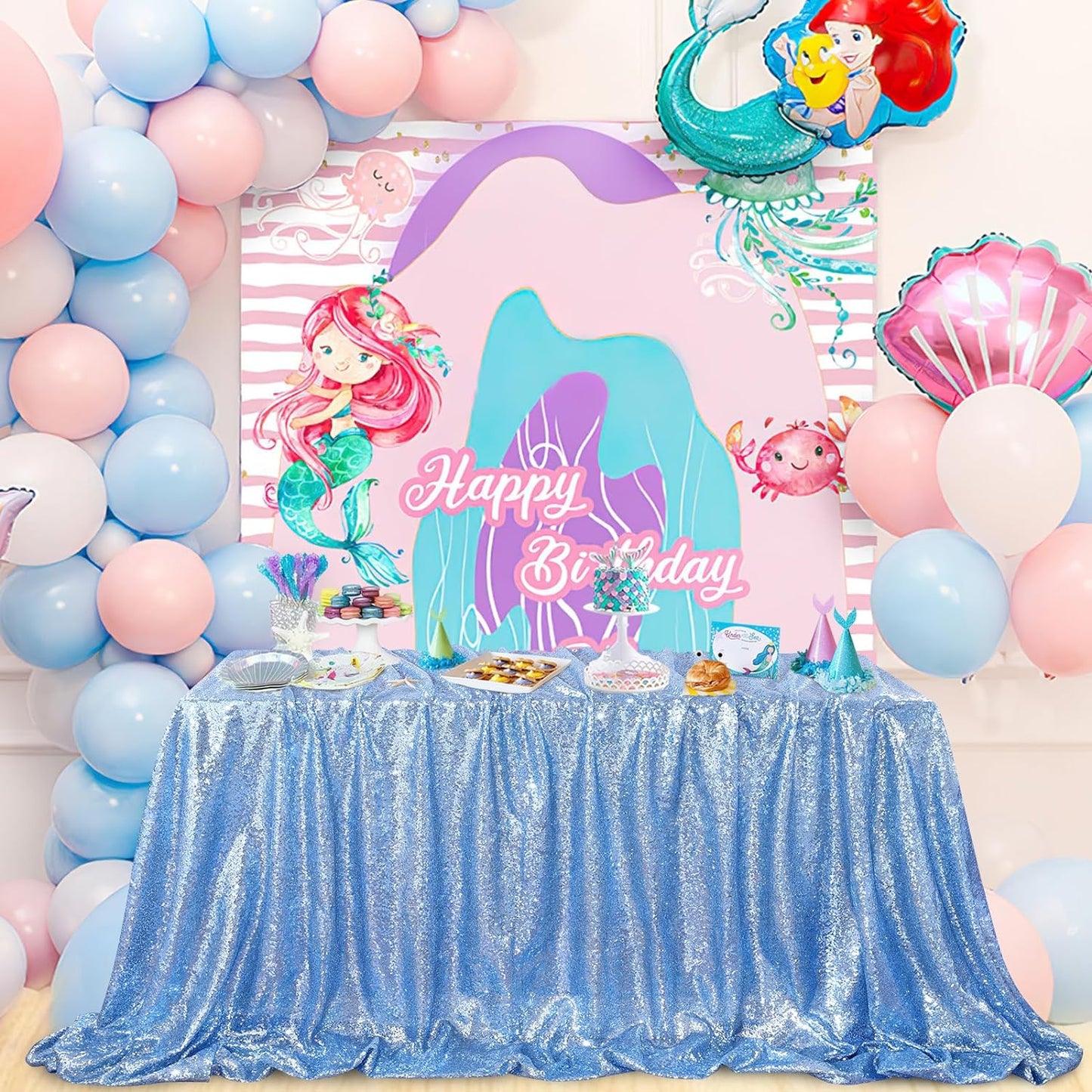 QueenDream Sparkly Sequin Tablecloth - Baby Blue Table Cloth 50x80 Inches Rectangle Table Overlay Fabric for Birthday Parties Baby Shower Decoration