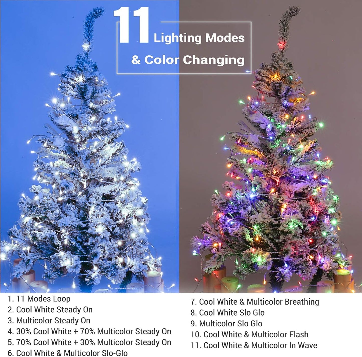 BrizLabs Cool White & Multicolor Christmas Lights, 180ft 500 LED Color Changing String, 11 Modes Tree Lights With Remote, Dimmable Xmas Clear Wire for Indoor Outdoor Christmas