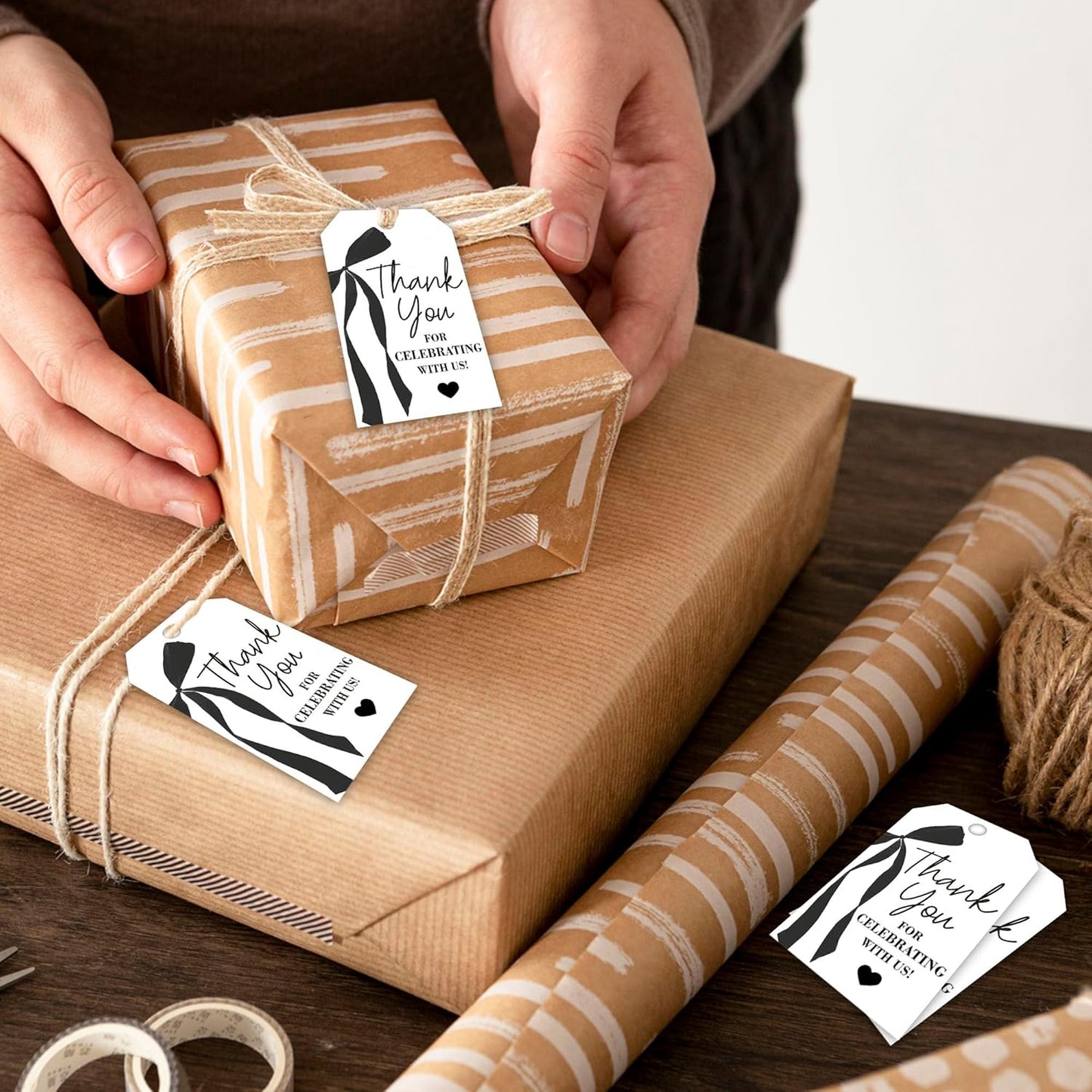 Thank You Gift Tags with String, 2x3.5 Inch Thank You for Celebrating with Us Tag, Black Bow Print, Gift Label for Birthday Party Baby Bridal Shower Wedding Favor-A15