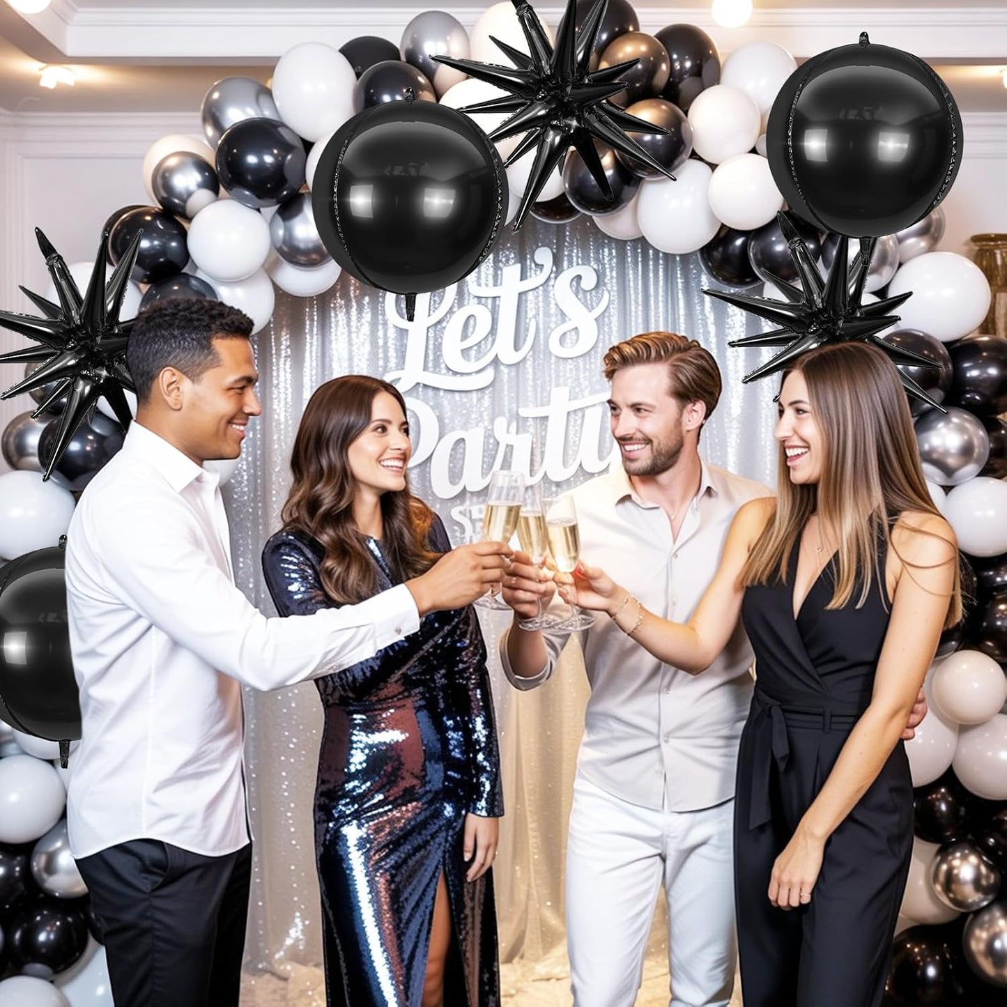 6Pcs Black Silver Foil Balloons,22Inch Black Silver 4D Round Ball Balloon and Explosion Star Balloon for Birthday Wedding Baby Shower Anniversary Decorations