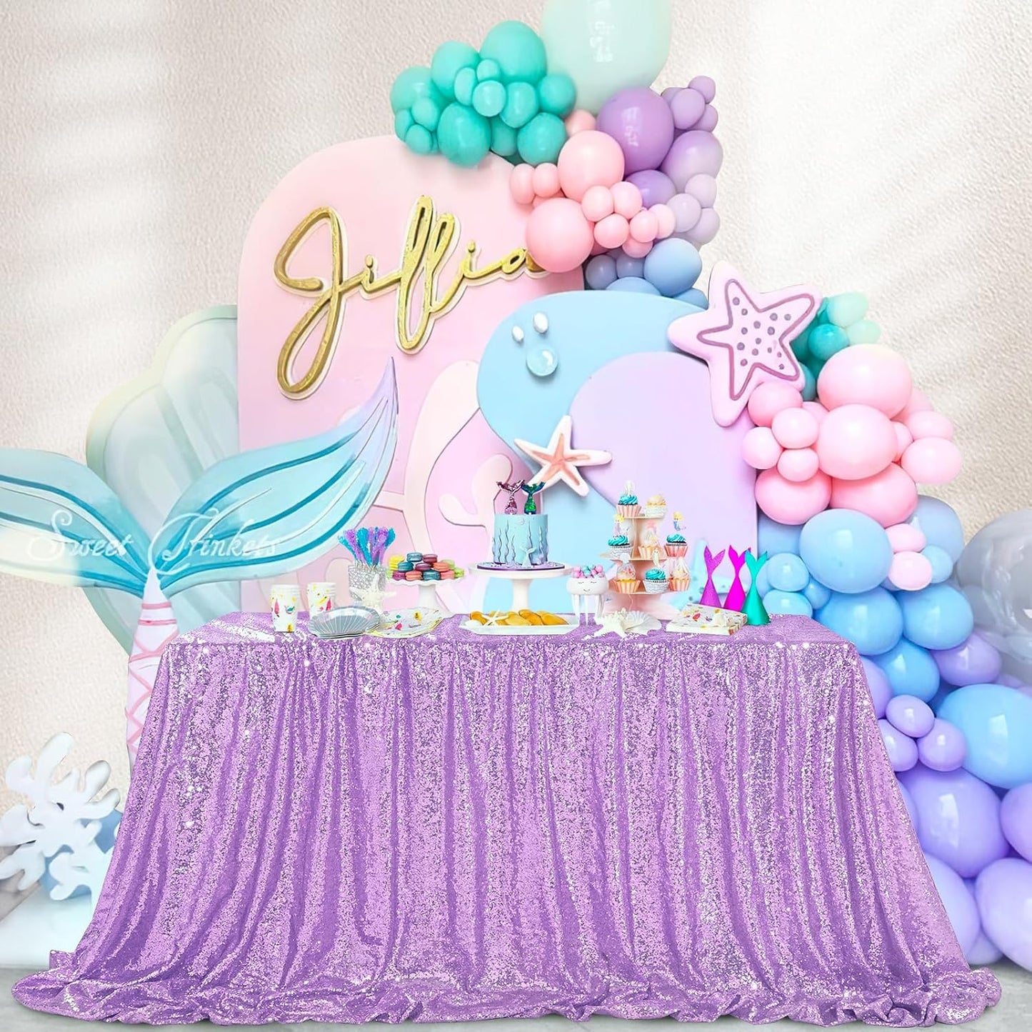 QueenDream Sequin Tablecloth 90"x132" Lavender Party Tablecloth Rectangular Seamless Sequin Table Cloth Overlay Glitter Wedding Birthday Bridal Shower Decoration