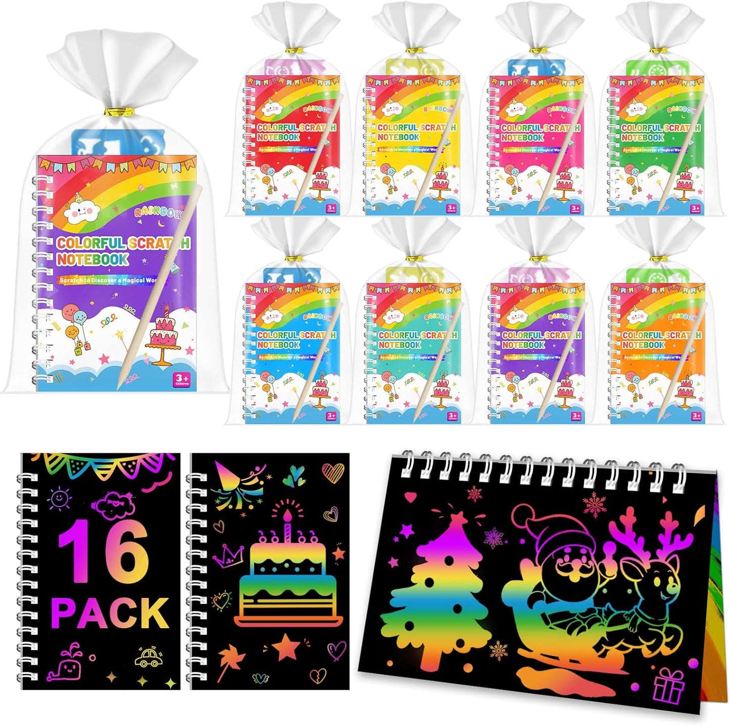 Party Favors for Kids: 16 Pack Scratch Art Notebooks with Rainbow Colors, 2-in-1 Coloring & Scratch Books, Bulk Birthday Gifts, Goodie Bags, Classroom Prizes for Boys & Girls