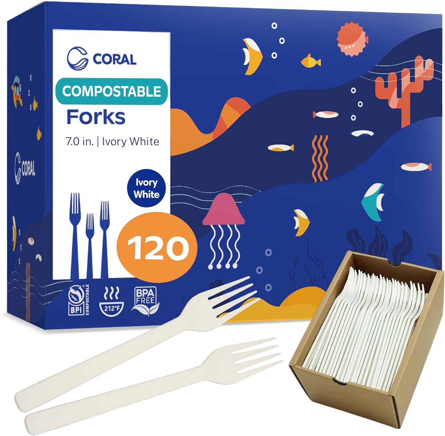 CORAL Ivory White 100% Compostable Forks - 120 Heavy Duty Forks (7.0 inch) - Break Resistant with Smooth Edges, Ocean Friendly Alternative to Plastic Silverware - Biodegradable & Disposable Forks