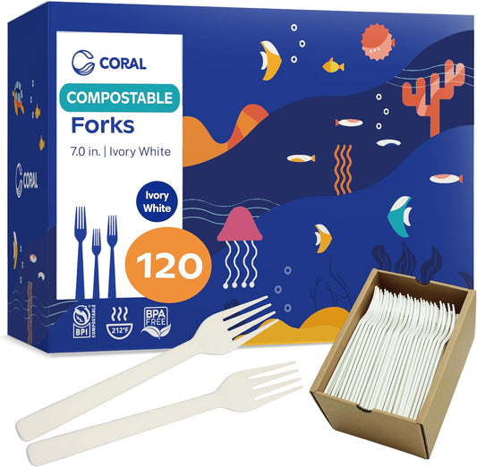 CORAL Ivory White 100% Compostable Forks - 120 Heavy Duty Forks (7.0 inch) - Break Resistant with Smooth Edges, Ocean Friendly Alternative to Plastic Silverware - Biodegradable & Disposable Forks