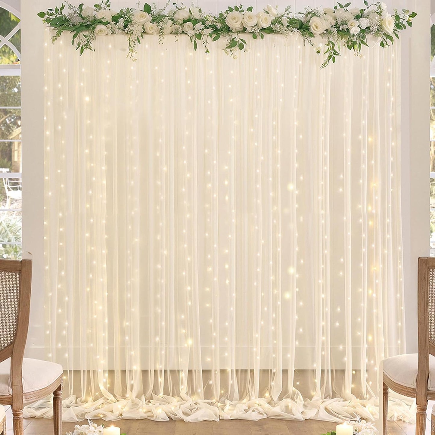 Champagne Backdrop Curtain with Lights String for Parites Wedding 20×8ft Sheer Tulle Backdrop Curtains for Bridal Shower Baby Shower Birthday Party Photo Shoot Background Decorations(4 Panels 5ft×8ft)