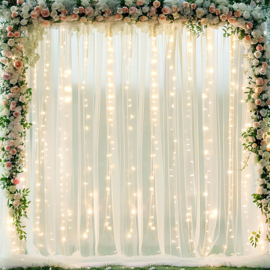 10ft x 10ft Ivory Tulle Photo Backdrop Curtain with Lights String for Parties Wedding Sheer Ivory Curtain Backdrop for Birthday Party Bridal Shower Photo Booth Photography Background Decorations