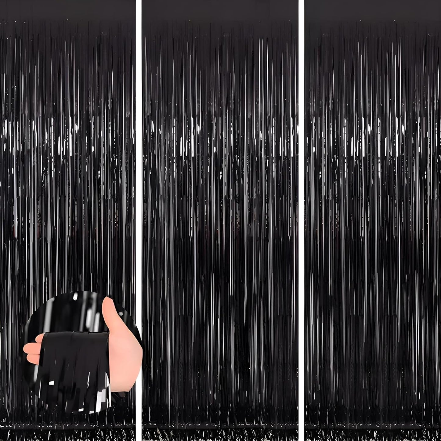 Keyali 3 Pack 3.3 * 8.3 ft Foil Curtain Metallic Tinsel Fringe Curtains Photo Booth Props Backdrop for Birthday Wedding Engagement Baby Shower Christmas Holiday Celebration Partyl,Black