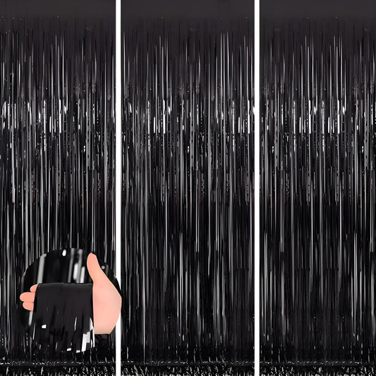 Keyali 3 Pack 3.3 * 8.3 ft Foil Curtain Metallic Tinsel Fringe Curtains Photo Booth Props Backdrop for Birthday Wedding Engagement Baby Shower Christmas Holiday Celebration Partyl,Black