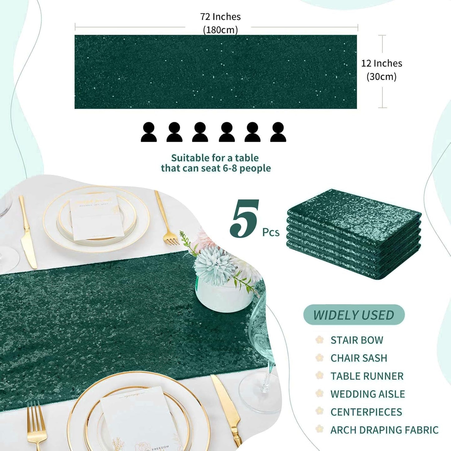 Sequin Table Runners 5 Pieces Emerald Green Table Runners 12x72 Inch Glitter Dining Table Cover for Party Wedding Birthday Reception Banquet Decoration Spring Party Chair Sashes