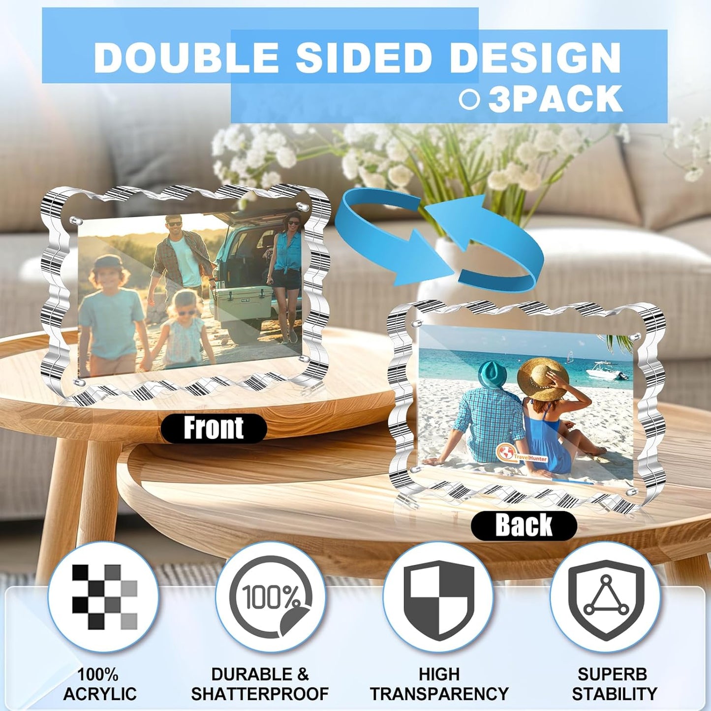 Aheroi 5x7 Acrylic Photo Frames, 3 Pack Clear Picture Sign Holder Freestanding Magnetic Scalloped Picture Frames for Desktop Display, Thickened Frameless Double Sided Acrylic Sign Holder, No Instal