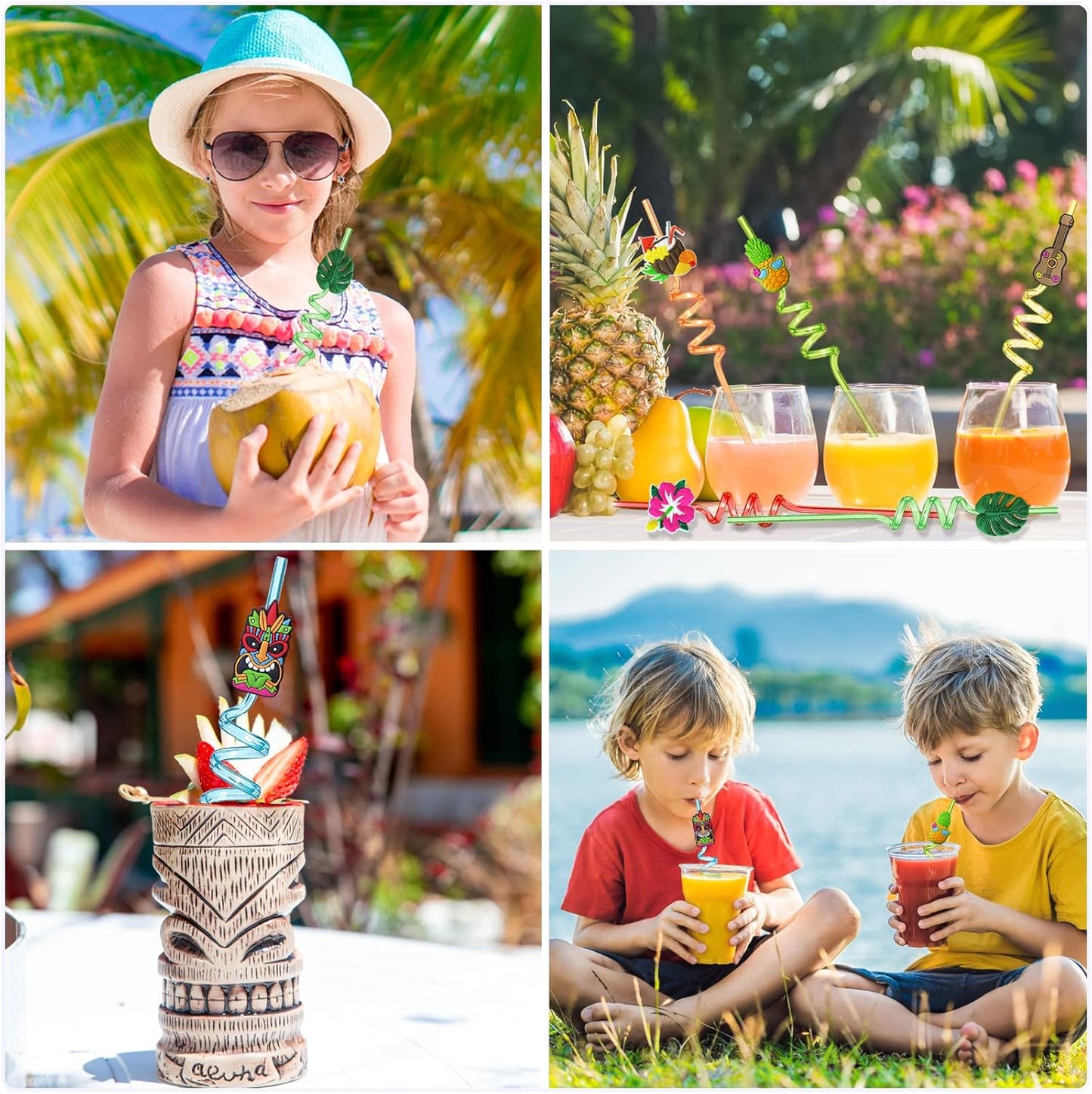 Hawaiian Luau Party Favor Drinking Straws (24 Pcs) Summer Beach Pool Birthday Party Supplies Reusable Plastic Drink Straw for Tropical Luau Party (2 Pcs Cleaning Brushes inside)…