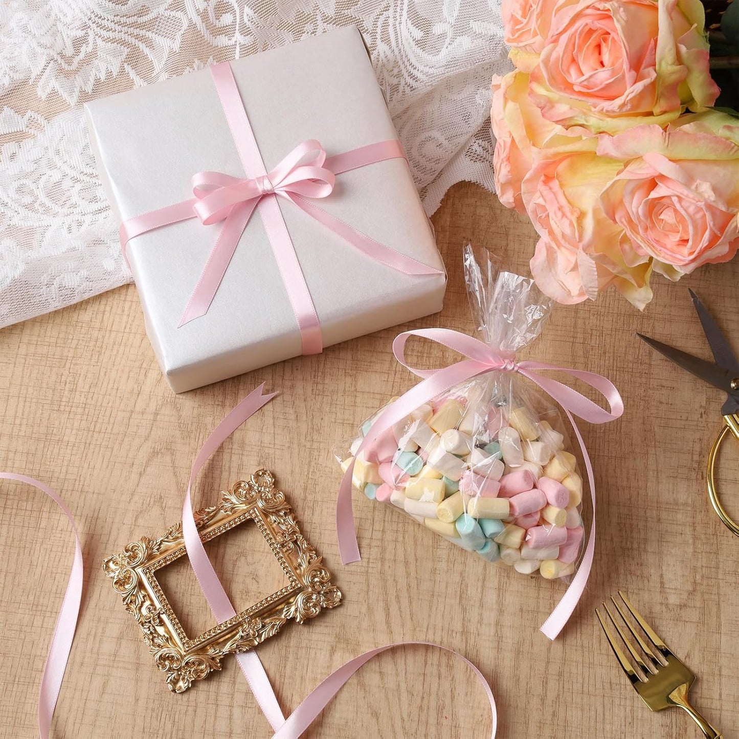 LaRibbons Light Pink Satin Ribbon 3/8 Inch 25 Yards Luxury Double Faced Pink Silk Ribbon for Gift Wrapping Flower Bouquet Crafts Wedding Party Babyshower Decoration