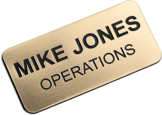 Custom Engraved Name Tag Badges – Personalized Identification with Pin or Magnetic Backing, 1.5 Inch x 3 Inches, Radiant Gold/Black