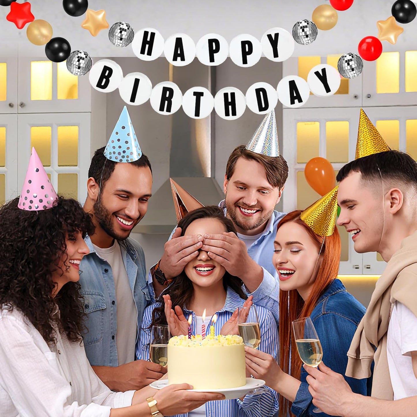 Giant Friendship Bracelet Garland Kit, DIY Birthday Banner with Letters Ball Jumbo Customizable Friendship Bracelet Decor for Halloween Christmas Wedding Party(Black, Gold, Red)