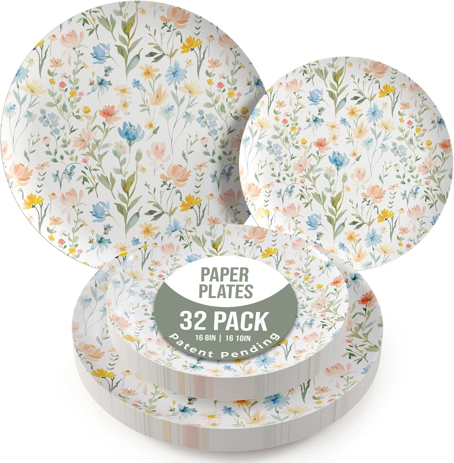 Trendables Heavy Duty Paper Plates Set For 16 Guests - 16 Each Of 8-inch And 10-inch Disposable Plates For Party - Fancy 32 Piece Dinnerware Set For All Occasions | Floral Design, Petite Fleur