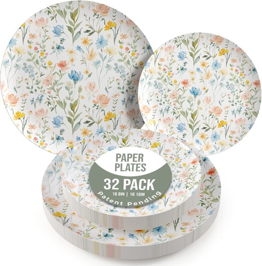 Trendables Heavy Duty Paper Plates Set For 16 Guests - 16 Each Of 8-inch And 10-inch Disposable Plates For Party - Fancy 32 Piece Dinnerware Set For All Occasions | Floral Design, Petite Fleur