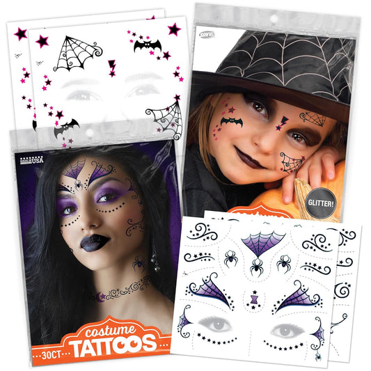 Halloween Witch Costume Temporary Tattoos – Magical Tattoo Kit for Kids, Includes Hats, Brooms, Cats & Stars, Non-Toxic, Easy to Apply, Perfect Costume Accessory or Party Favor