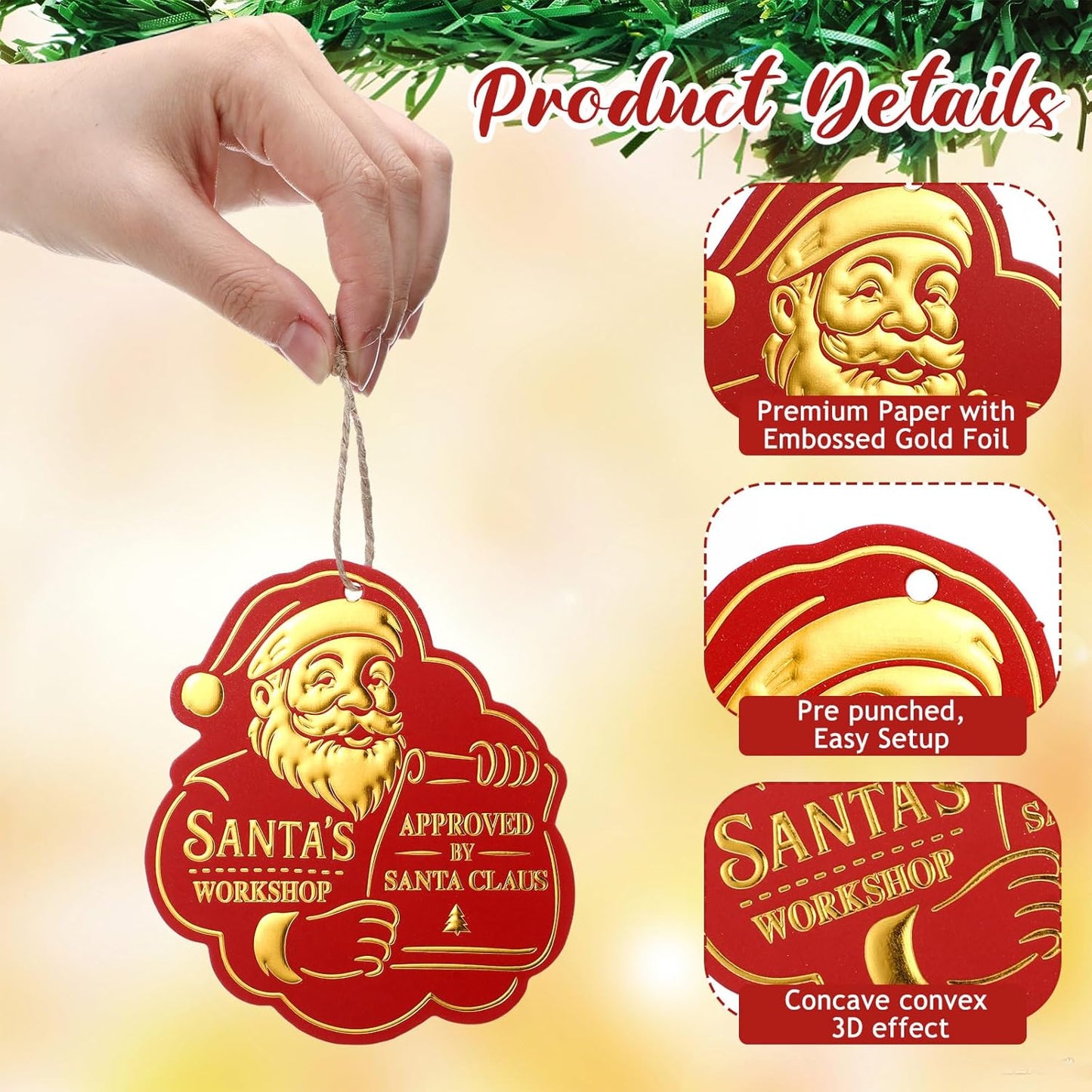 36 Pcs Christmas Gift Tag with String 3D Santa Gift Tag Gold Foil Present from Santa Claus Premium Gold Tags for Kids Christmas Party Decor(Vintage)