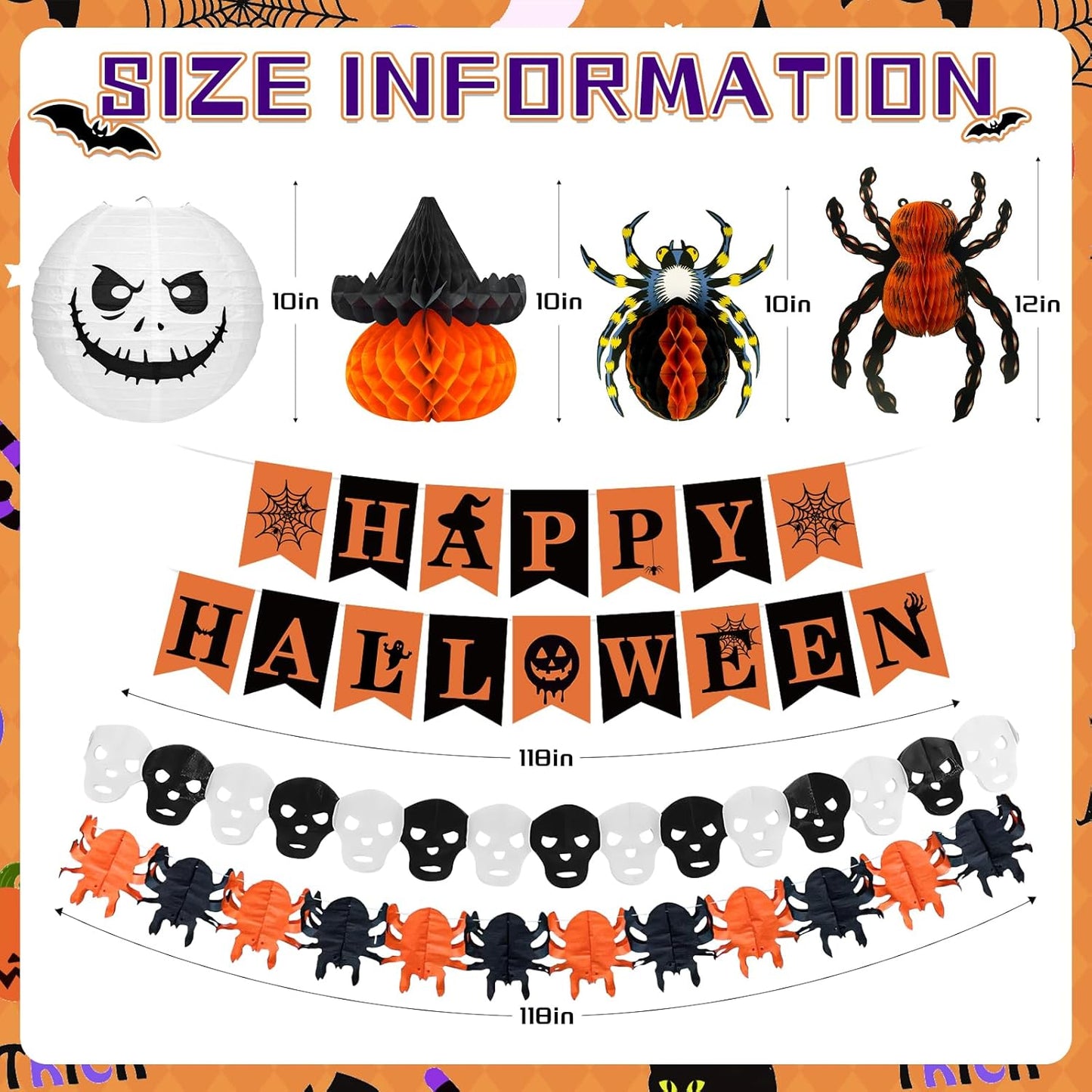 Halloween Office Decorations Indoor Kit - Pumpkin Lanterns, Bats Skull Head Banner, Spider Pumpkin Hanging Happy Halloween Banner For Office Classroom Home 14PCS