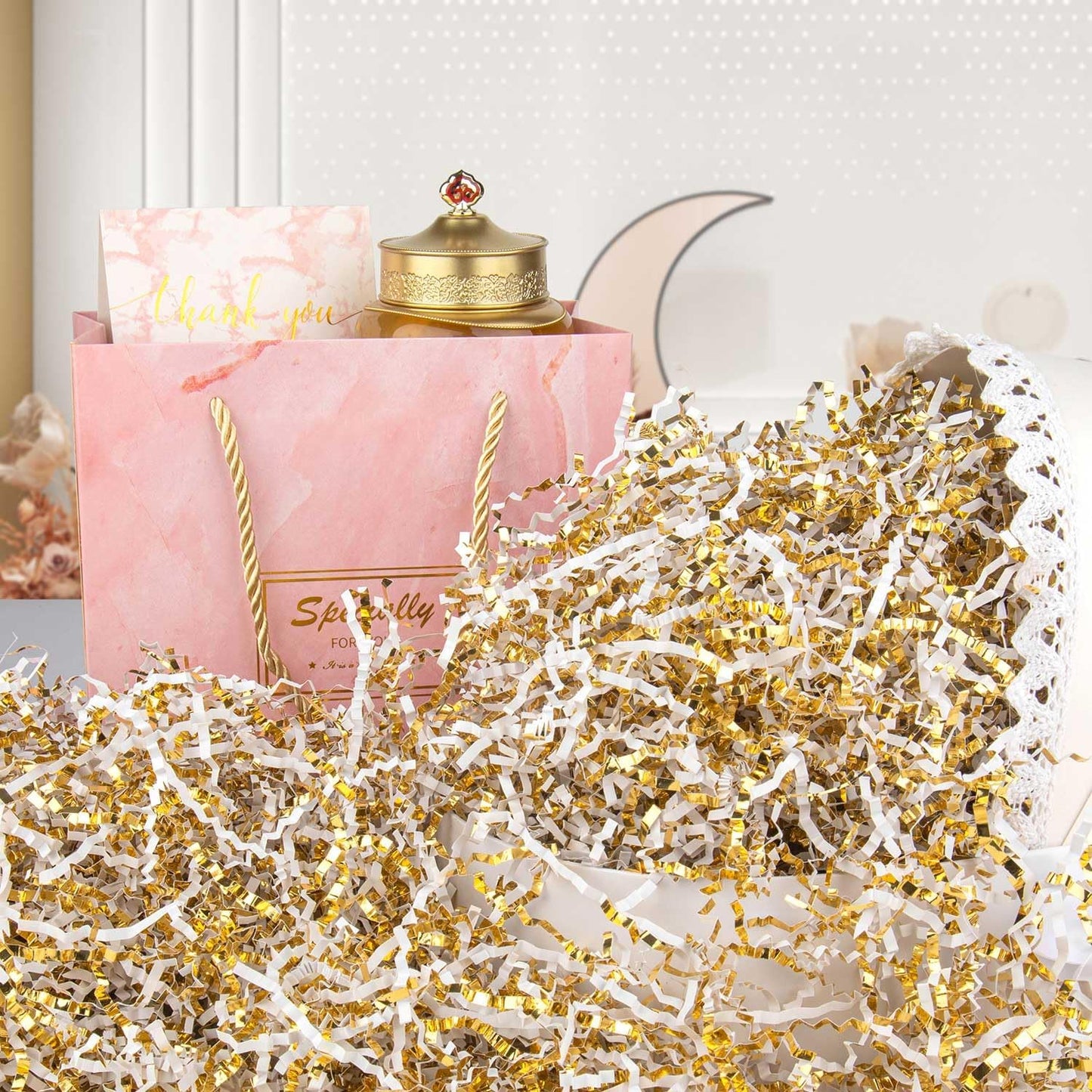 8.5oz Crinkle Paper Filler, Gift Baskets Gift Boxes Crafts Shredded Cut Paper Packaging Decorative Stuffing & Cushioning Confetti for Easter Birthday Wedding Party Favor Gold White