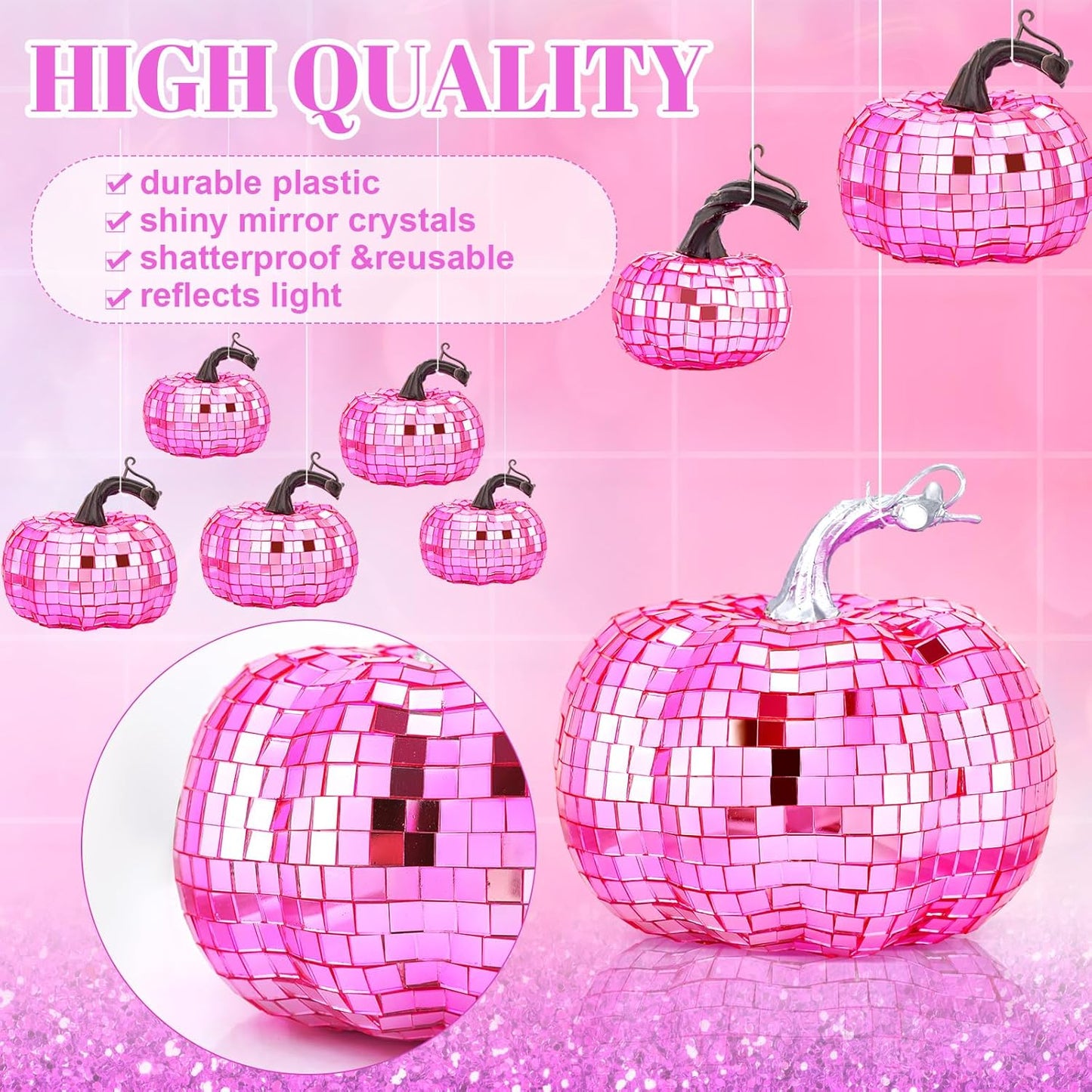 Lenwen 12 Pcs Artificial Disco Pumpkin Glitter Mirror Pumpkin for Decorating Fall Farmhouse Hanging Ornament Harvest Decor for Halloween Thanksgiving Table Centerpiece(Bright Pink)