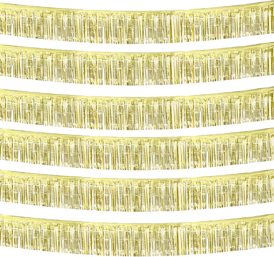 6 Pack 10 Feet Foil Fringe Garland Metallic Tinsel Streamers Banner Wall Hanging Curtain Backdrop Banner for Parade Floats, Thanksgiving, Christmas, Birthday, Halloween Party Decorations(Light Gold)