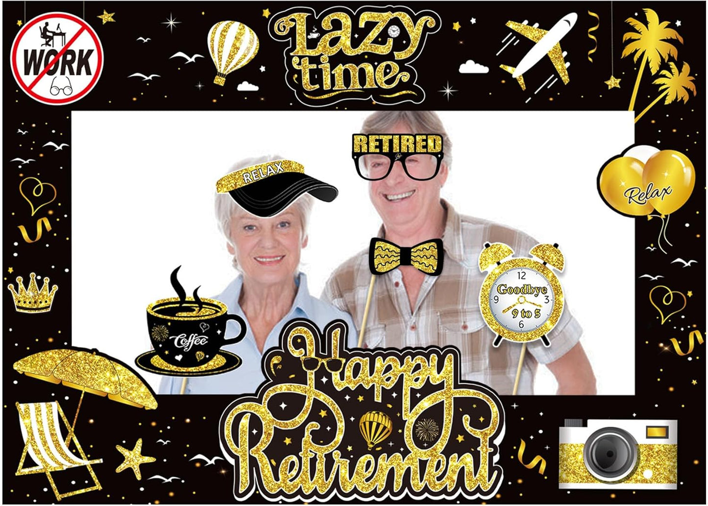 Retirement Party Photo Booth Props Kit - 27pcs Paper Photo Props 1 Frame Glitter Retirement Party Decorations for Retiree Celebration, Farewell Office Party Supplies (Black and Gold)