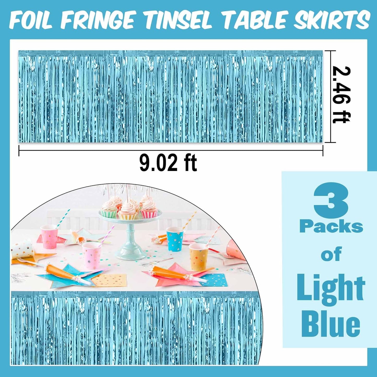 3 Pack 29 x108 Inch Light Blue Foil Fringe Table Skirts Metallic Banner for Tinsel Streamer Garland Backdrop for Parade Floats Mother's Day, Graduate, Birthday, Wedding Party Decoration