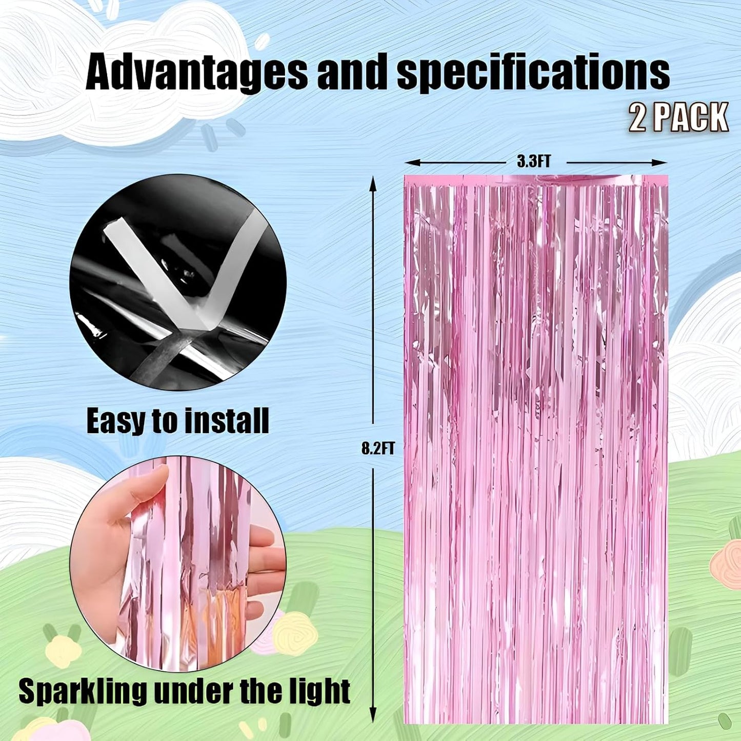 Keyali 2 Pack 3.3 * 8.3 ft Foil Curtain Metallic Tinsel Fringe Curtains Photo Booth Props Backdrop for Birthday Wedding Engagement Baby Shower Christmas Holiday Celebration Partyl,Pink