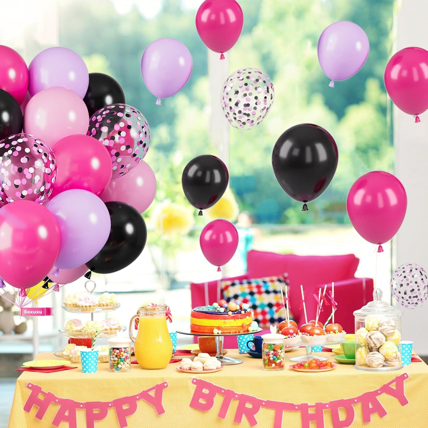 Pink Purple and Black Balloons, 12 Inch Black Purple Hot Pink Balloons, Confetti Balloon for Girls Birthday Baby Shower Wedding Bridal Shower Princess Party Decorations