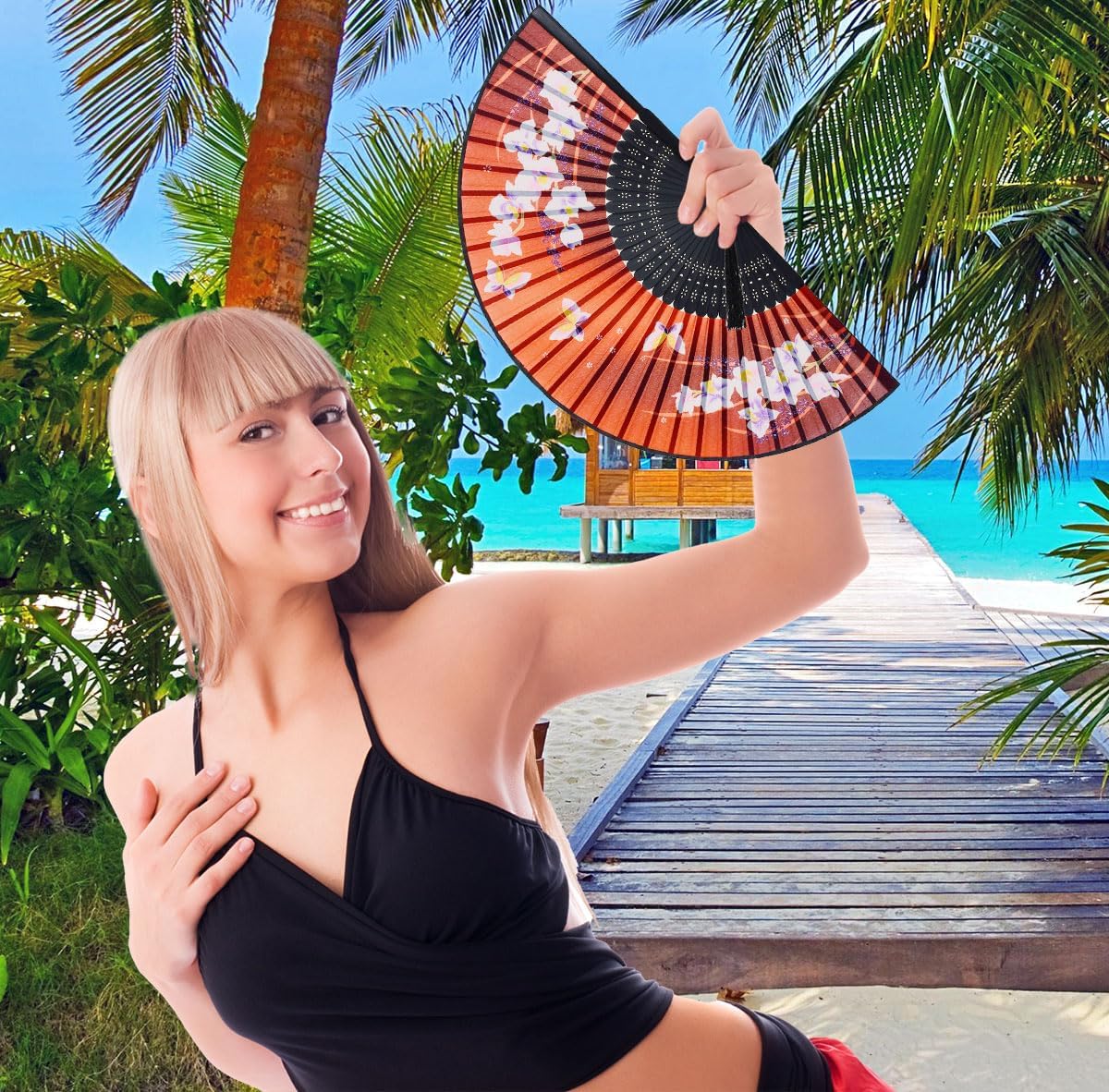 Amajiji Charming Elegant Modern Woman Handmade Bamboo Silk 8.27" (21cm) Folding Pocket Purse Hand Fan