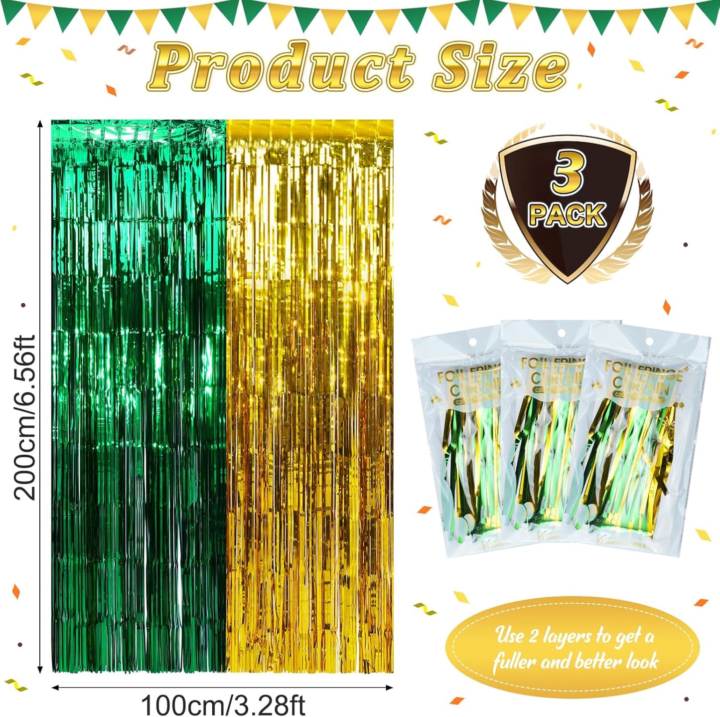 3Pack 3.3Ft x 6.6Ft Graduation Foil Fringe Curtain Backdrop Decorations, Green Gold Metallic Tinsel Foil Streamers Curtain Photo Booth Background for Graduation Prom Wedding Birthday Party Decoration