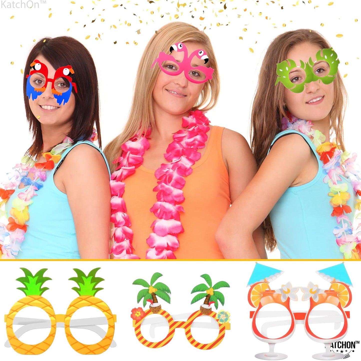 KatchOn, Tropical Hawaiian Photo Booth Props - Pack of 12,Luau Party Decorations | Luau Glasses for Hawaiian Party Decoration | Luau Photo Booth Props, Aloha Party Decoration, Summer Party Decorations