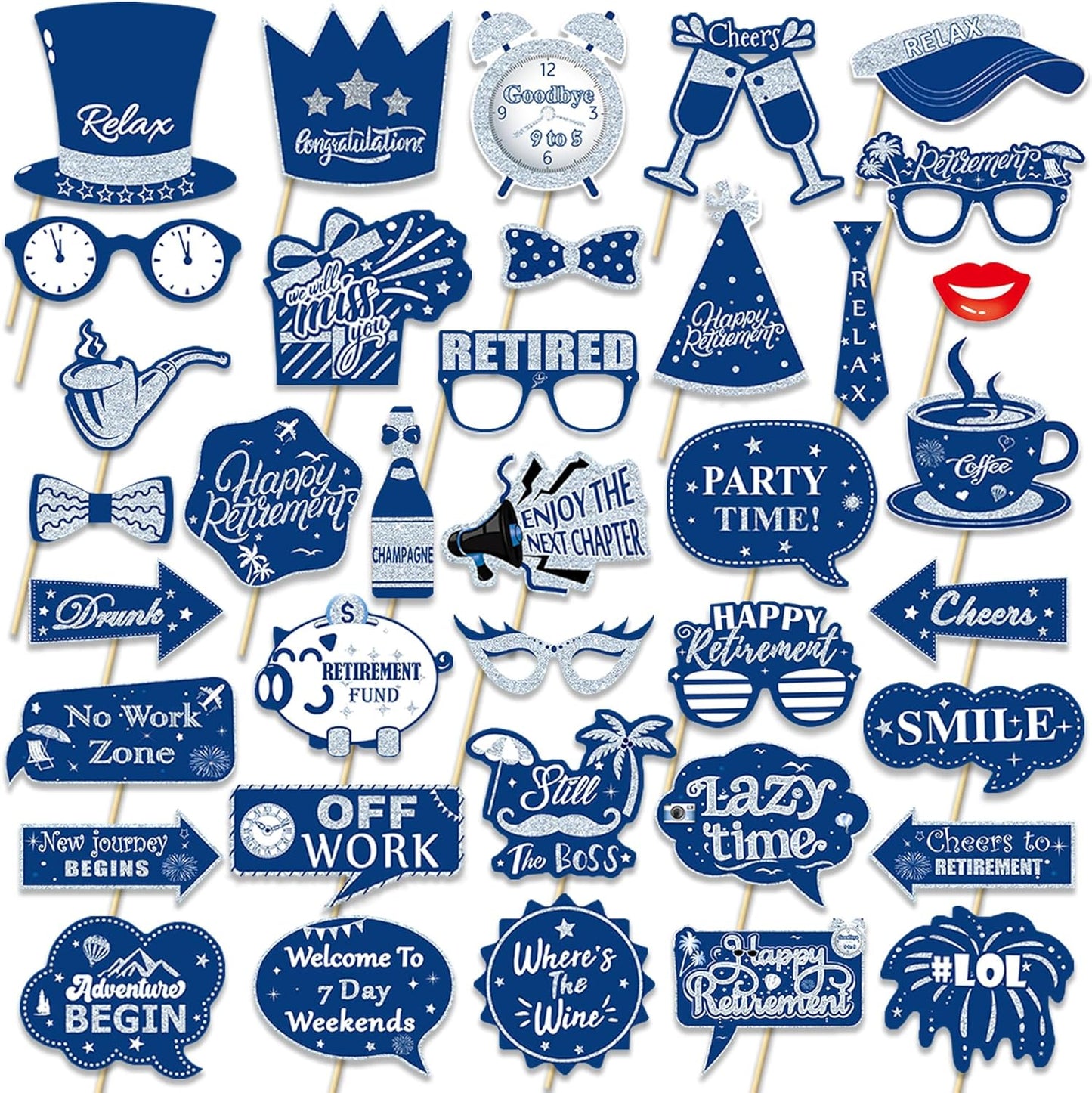 Retirement Party Photo Booth Props Kit - 27pcs Paper Photo Props 1 Frame Glitter Retirement Party Decorations for Retiree Celebration, Farewell Office Party Supplies (Blue and Silver)