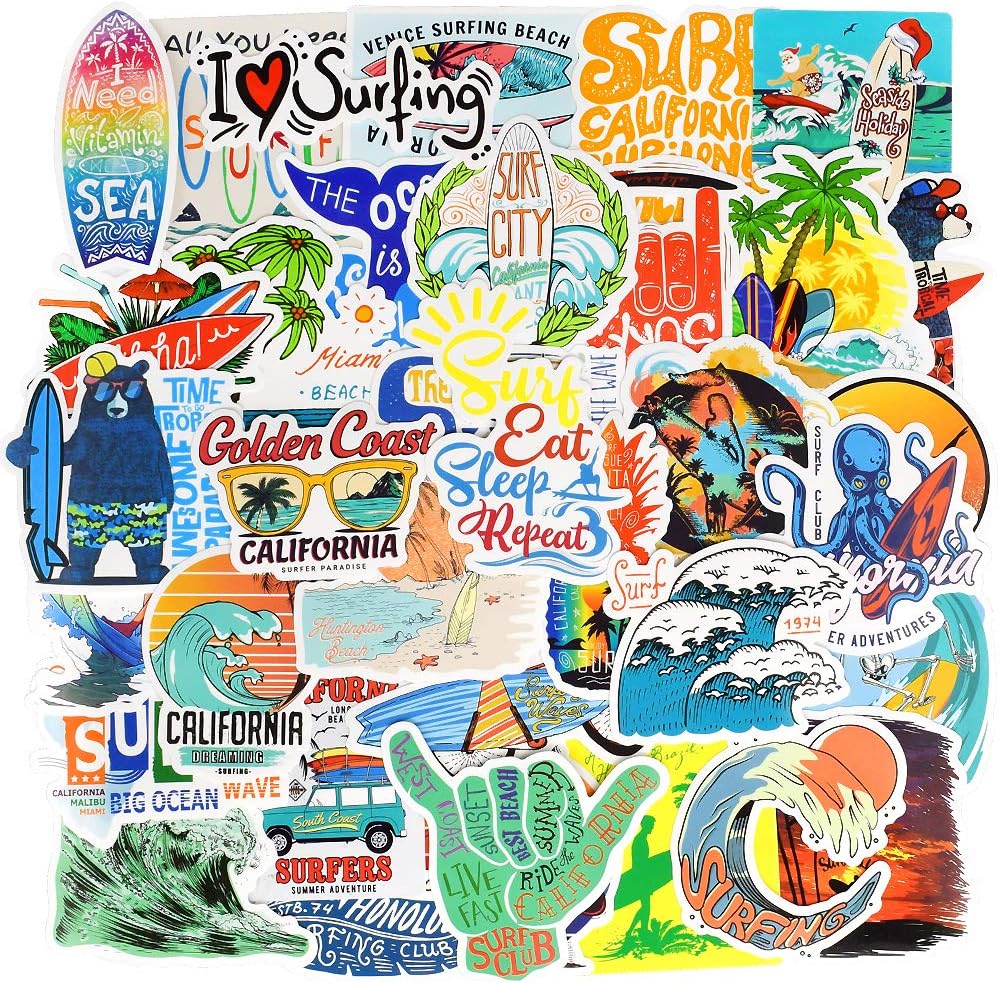 Surf Stickers for Teens Girls Boys Surfing Laptop Stickers for Water Bottles Surfboard Waterproof Vinyl Stickers Surfer Stickers Pack 50Pcs''