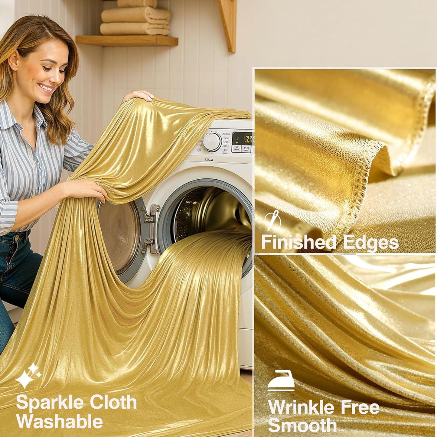 10x10 ft Gold Sequin Backdrop Curtain with Lights for Parties, Wrinkle Free Glitter Photo Backdrop Drapes Shimmer Back Drop Cloth with Light Strings for Wedding Birthday Photography Background