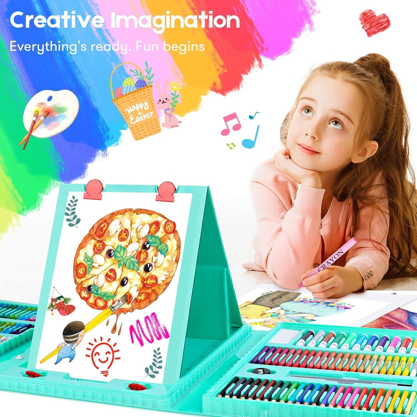 Back to School Supplies for Kids Teen Girls Boys, Art Set Case with Trifold Easel, Scratch Paper, Sketch Pad, Coloring Book, Crayons, Pencils, Oil Pastels, Watercolors, Sharpener