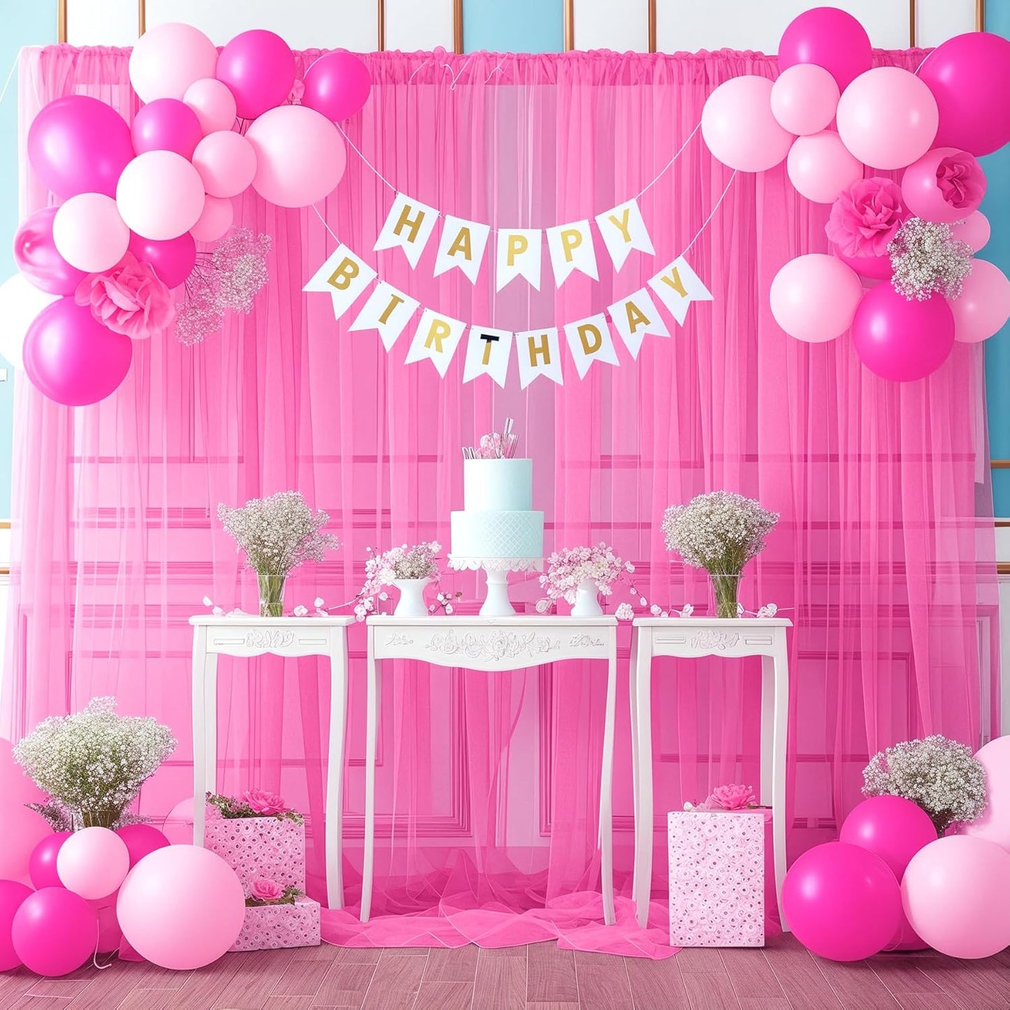 20x10 Hot Pink Tulle Backdrop Curtains for Parties, Sheer Backdrop Curtain Wedding Photo Background Drapes for Baby Shower Photography Birthday Party