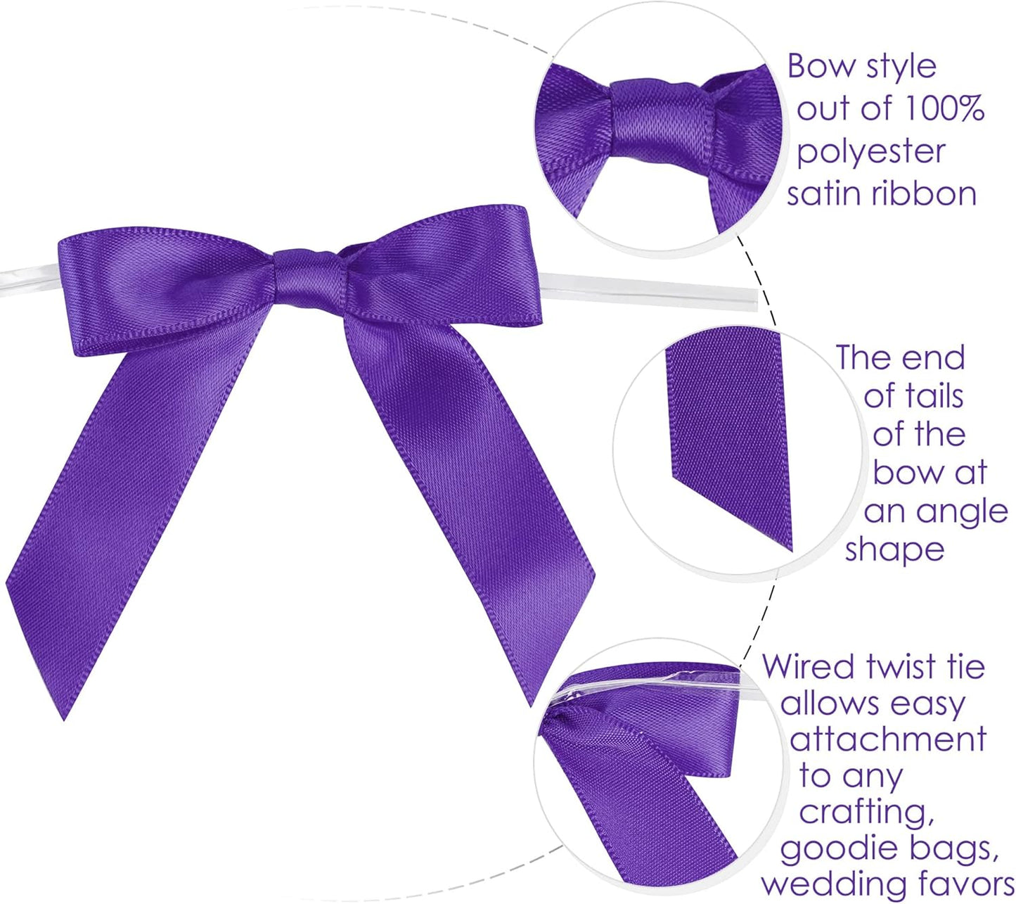 AIMUDI Small Purple Bows for Christmas Tree 2.5" Pre Tied Satin Ribbon Twist Tie Bows for Treat Bags Premade Mini Bows for Crafts Ribbon Bows for Gift Wrapping Halloween Party Favors - 50 Counts