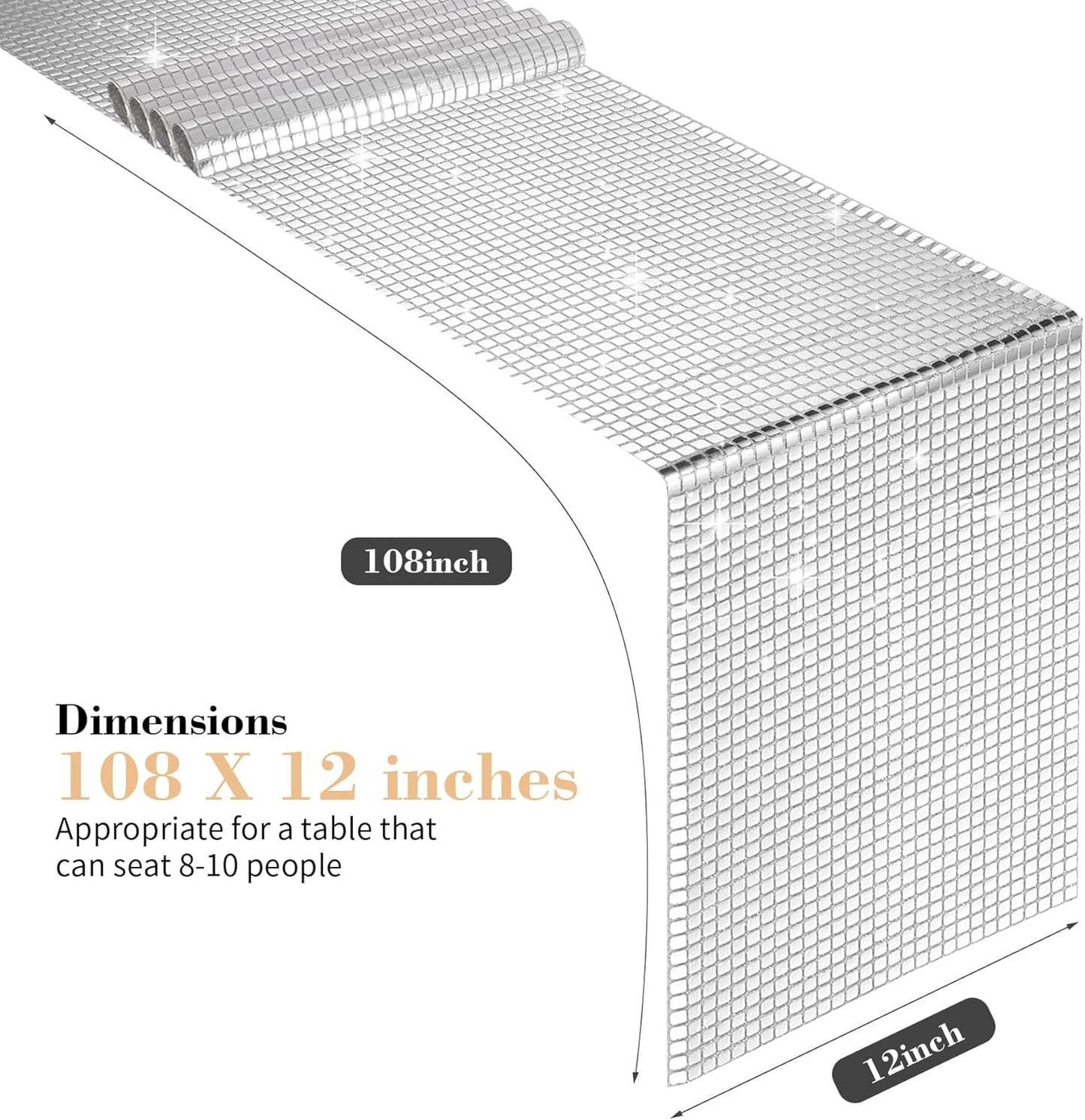 2 Packs 12x108 Inch Disco Table Runner Silver Glitter Foil for Bachelorette & Theme Party Disco Ball Decorations