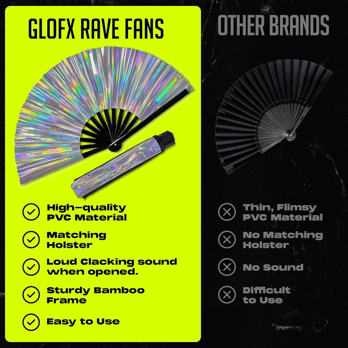 Holographic Folding Fan with Holster – Large Handheld Fan for Line Dancing, Festivals, Pride, and Costumes – Loud Bamboo Fan with Matching Belt Holster