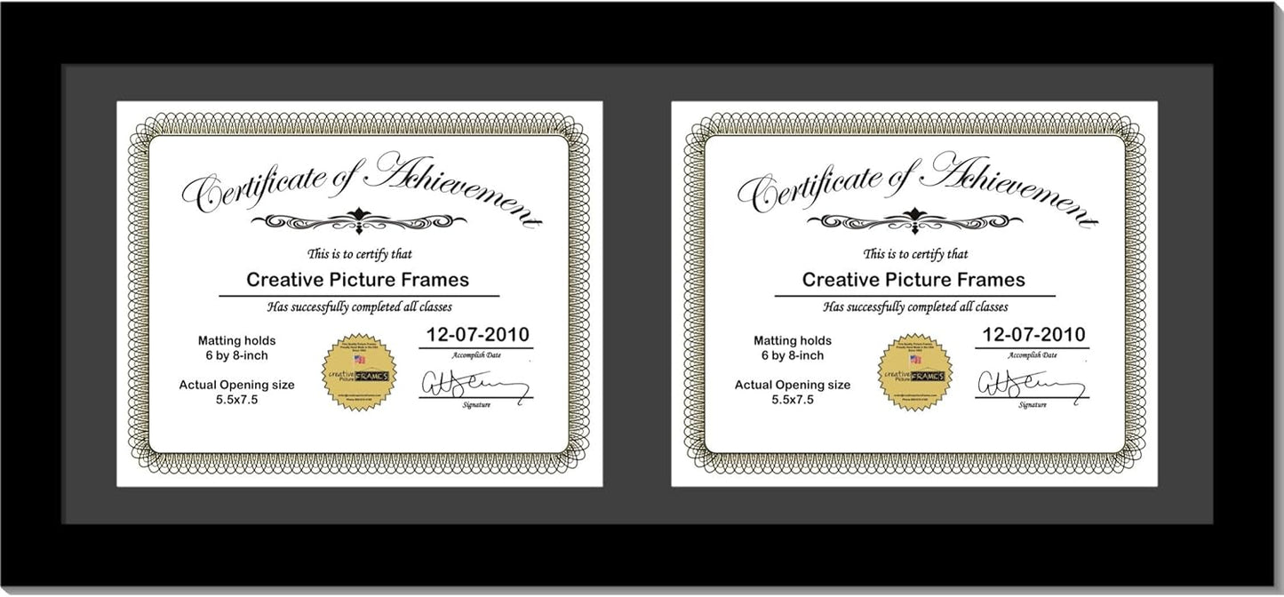 Creative Picture Frames 8X18Bk-B Black Horizontal Double Diploma Frame With 2 Opening Black Matting | Holds 2-6X8-Inch Documents With Installed Wall Hanger