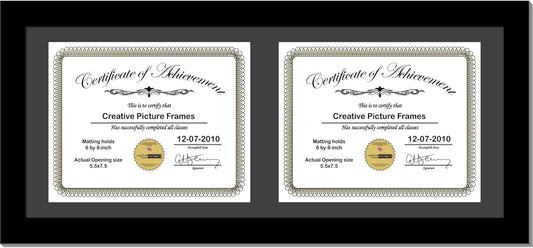 Creative Picture Frames 8X18Bk-B Black Horizontal Double Diploma Frame With 2 Opening Black Matting | Holds 2-6X8-Inch Documents With Installed Wall Hanger