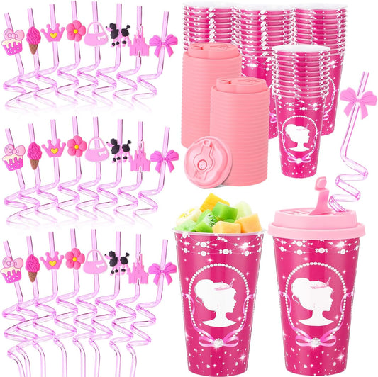 Yungyan 24 Sets Hot Pink Girl Party Favors Goodie Cups with Lids and Straws for Birthday Decorations Reusable 16oz Plastic Candy Cups Plastic Straws for Birthday Party (Pink Princess)