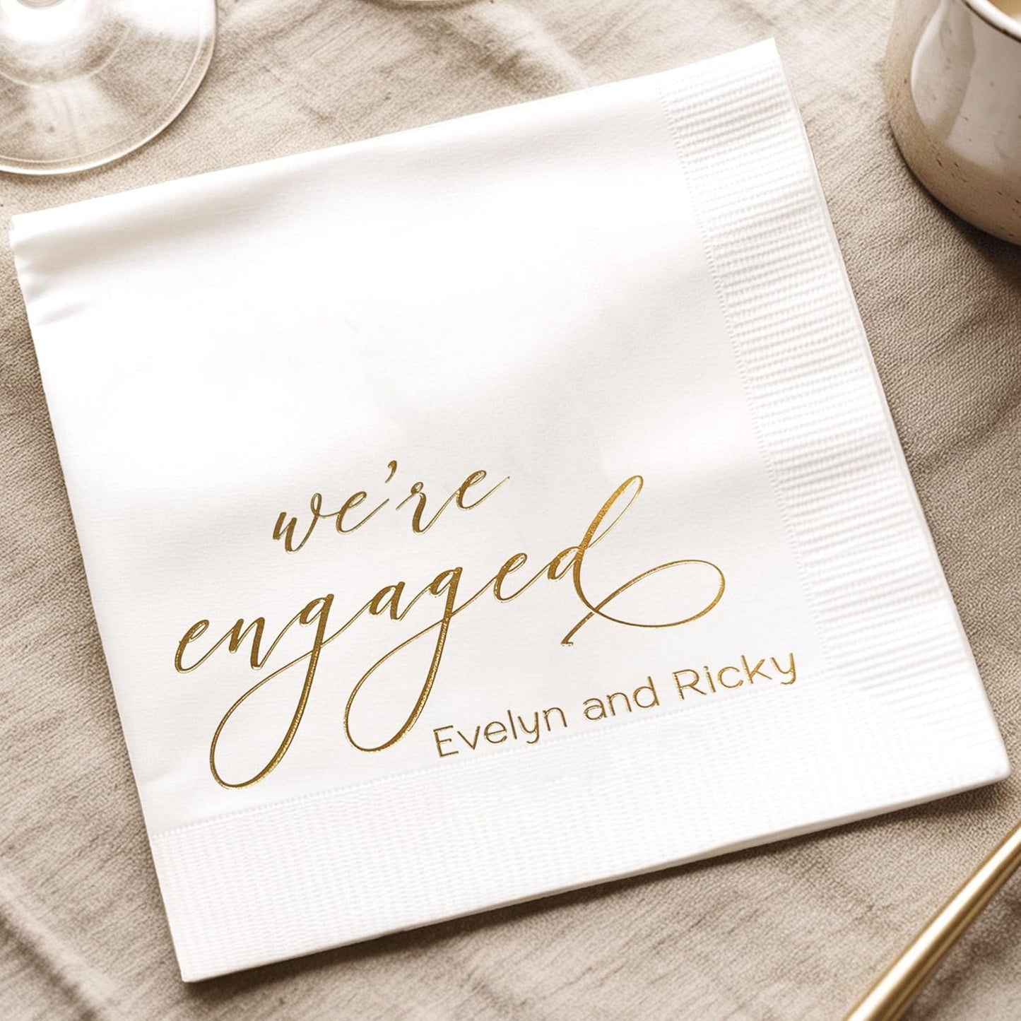 Luxury Personalized Engagement Napkins, We're Engaged, Custom Cocktail Napkins, Beverage Luncheon Cocktail Napkin For Reception, Napkin Decor for Engagement Party, Bridal Shower