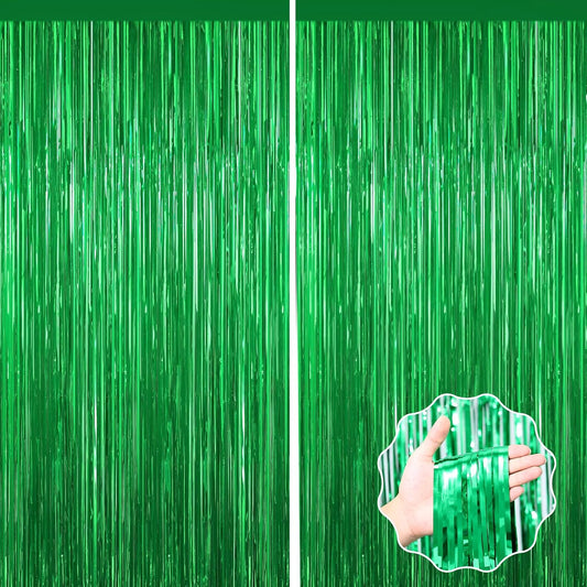 Green Foil Curtain Backdrop, 2Pack Green Metallic Tinsel Foil Fringe Curtains Photo Booth Props for Birthday Wedding Engagement Baby Shower Bachelorette Christmas Celebration Jungle Party Decorations